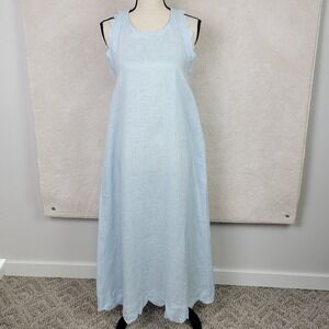LJC Designs Women XS Light Blue Linen Scalloped Trim Coastal Grandma Maxi Dress